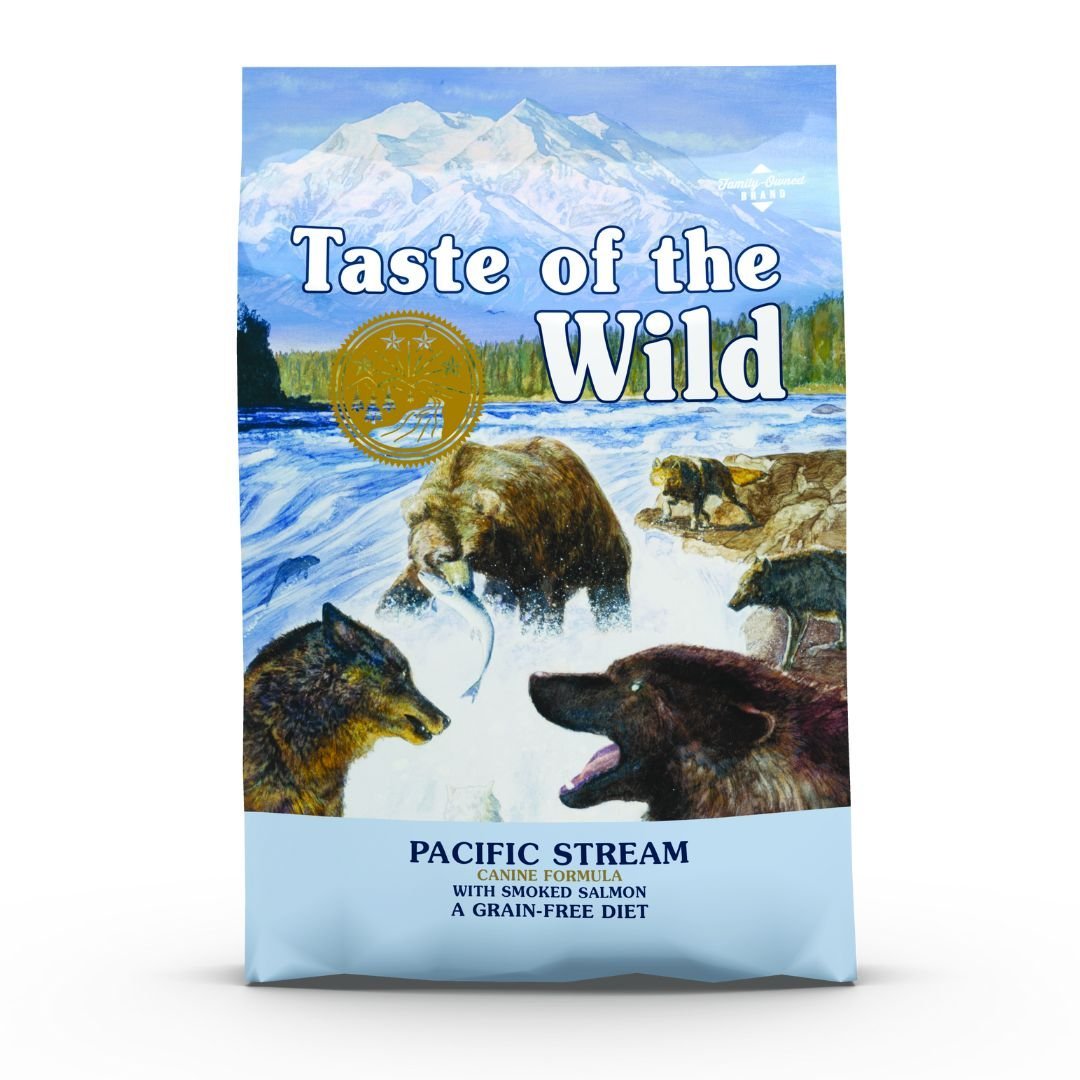 Taste of the Wild Pacific Stream Canine Recipe dog food bag – grain-free salmon-based dog food with high-quality protein and natural nutrition